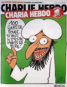 Charlie Hebdo cartoon of Mohammed saying you'll get whipped 100 times if you don't like this issue.
